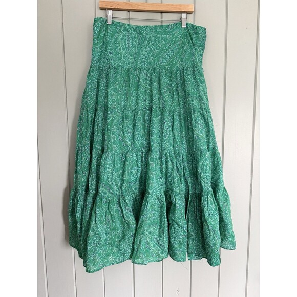 Lauren Ralph Lauren Maxi Skirt L Large Green Floral Paisley Tiered Layered Voile - Picture 1 of 4